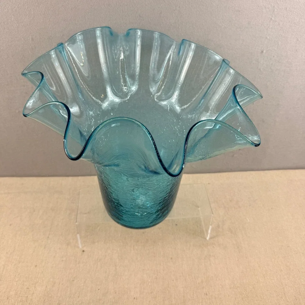VTG Bischoff‎ Peacock Blue Glass Crackle Vase Ruffled Rim 11